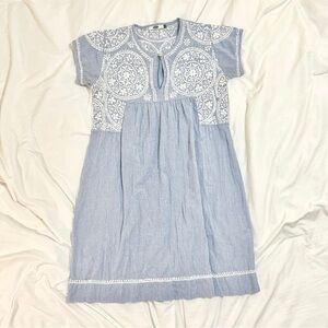 Dolma 100% Cotton Hand Embroidered Blue & White Striped Tunic Shift Dress